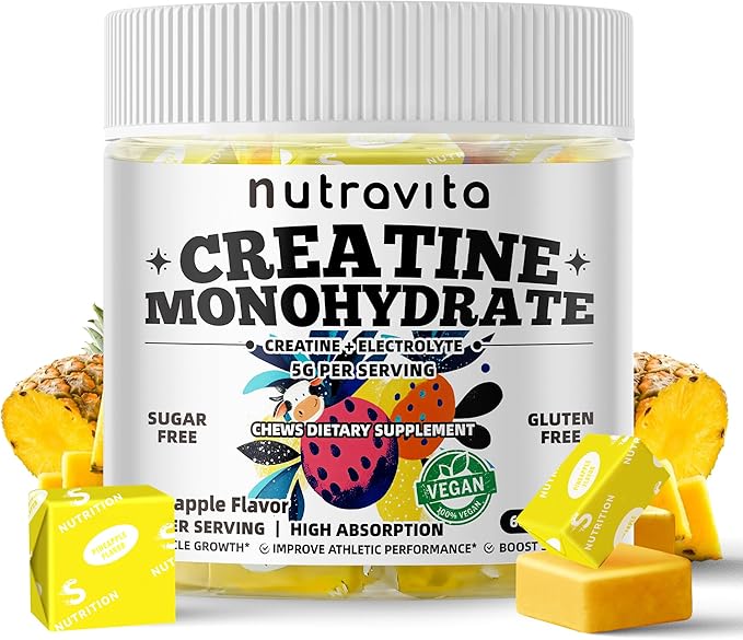 Creatine Monohydrate Chews (5g) – Pre-Workout Energy & Muscle Growth Support for Men & Women | Pineapple Electrolyte Gummies (60 Count)