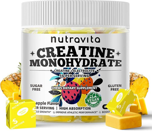Creatine Monohydrate Chews (5g) – Pre-Workout Energy & Muscle Growth Support for Men & Women | Pineapple Electrolyte Gummies (60 Count)