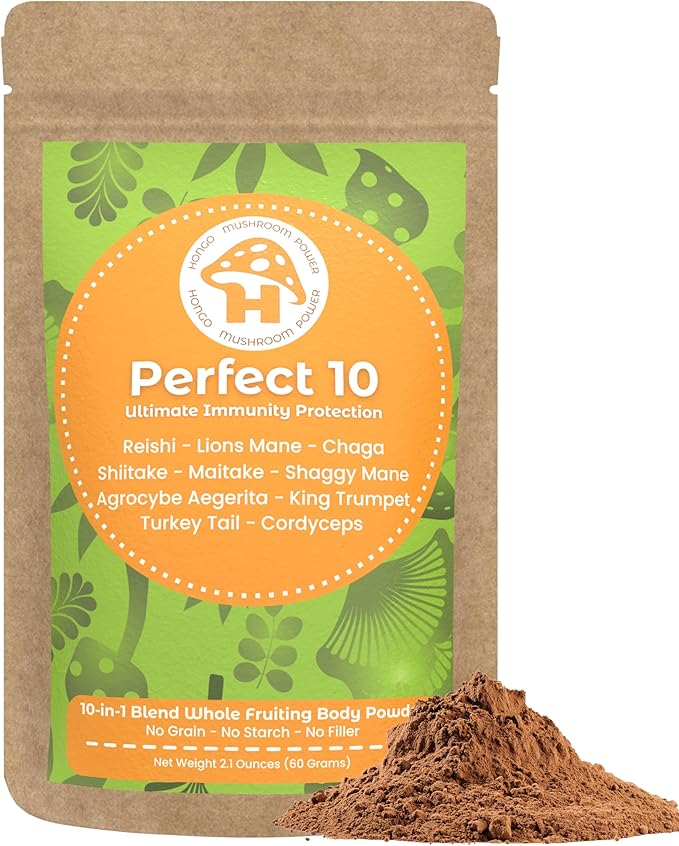 Hongo Mushroom Power - Perfect 10 Mushroom Complex Powder - Lions Mane, Reishi, Cordyceps, Chaga, Turkey Tail, Maitake Supplements - for Immunity, Energy, Memory & Focus - (60 Servings)