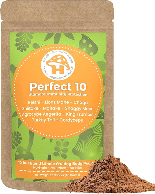 Hongo Mushroom Power - Perfect 10 Mushroom Complex Powder - Lions Mane, Reishi, Cordyceps, Chaga, Turkey Tail, Maitake Supplements - for Immunity, Energy, Memory & Focus - (60 Servings)