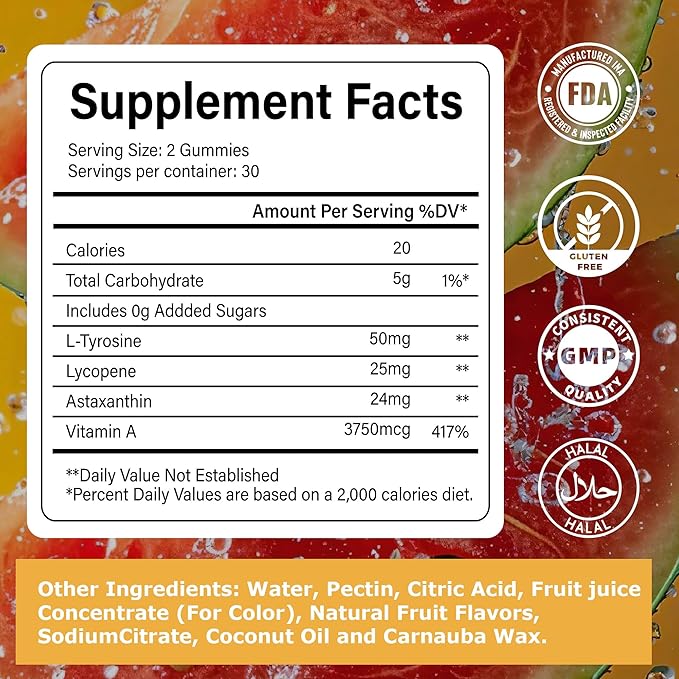 Tanning Gummies for WomenDaily Tanning Supplement, Sugar Free | Astaxanthin, L-tyrosine, Lycopene, Vitamin A | Radiant Skin & Immune Support, Antioxidant | Vegan, No GMO, 30 Servings