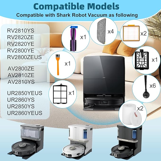 Accessories Kit Replacement Part for Shark Power Detect/Detect Pro AV2800ZE AV2810YS AV/RV2820ZE/YE Robot Vacuum,Main Brush,Primary Filters,Foam Filters,Pre/(Post)-Motor Filters,Side Brush (18 Pack)