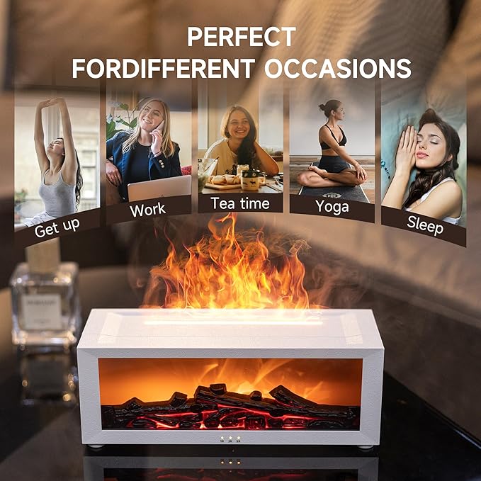 Fireplace Flame Air Diffuser Humidifier,7 Colors Aromatherapy Essential Oil Diffuser,Ultrasonic Aroma Humidifier with Timer for Home,Bedroom,Office,Yoga (WhiteA, L)