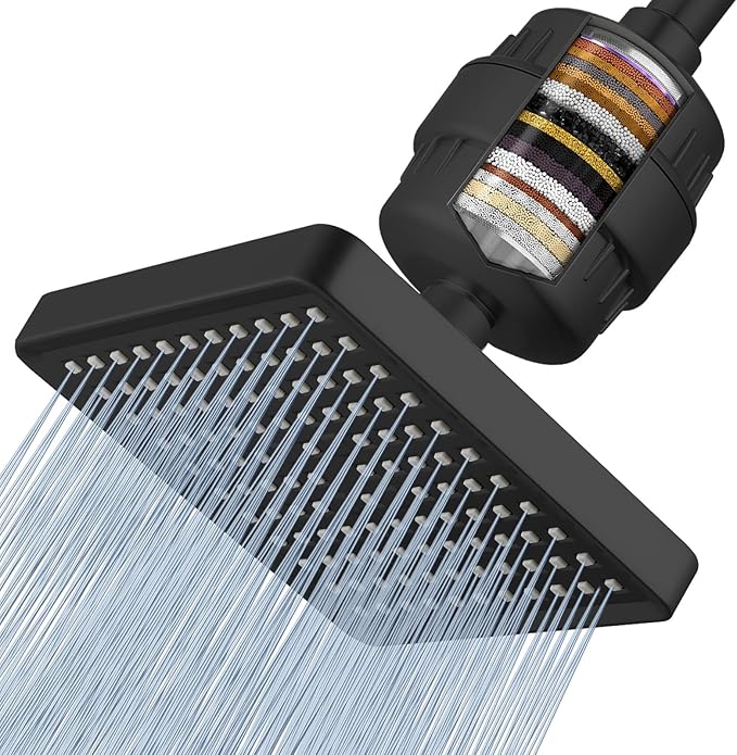 Voolan Filtered Shower Head - 20 Stage Luxury Rain Shower Filter For Hard Water for Remove Chlorine and Harmful Substances - 6" Square High Pressure Rainfall Showerhead (Matte Black)