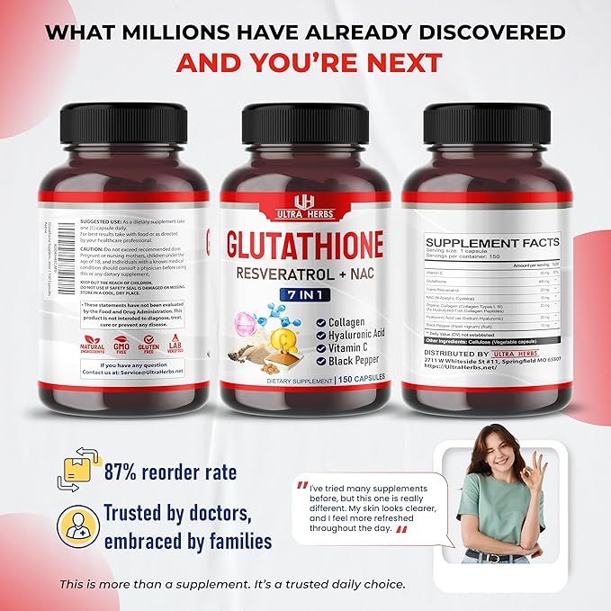 Glutathione Supplement Active Reduced Form, Enriched with Resveratrol, NAC, Collagen, Hyaluronic Acid, Vitamin C - Advanced Antioxidant for Immunity & Detox | 150 Capsules