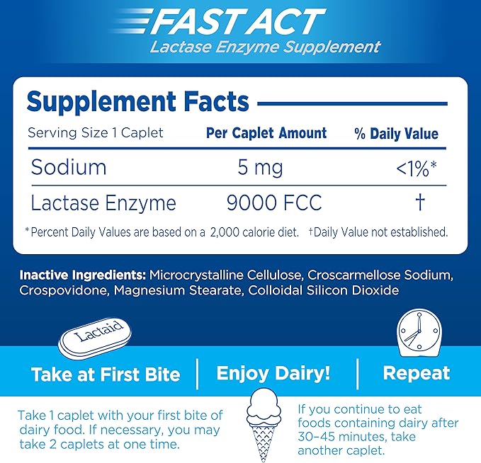 Lactaid Fast Act Lactose Intolerance Relief Caplets with Lactase Enzyme to Prevent Gas, Bloating & Diarrhea Due to Lactose Sensitivity, Ideal for Travel & On-The-Go, 12 Packs of 1-Count