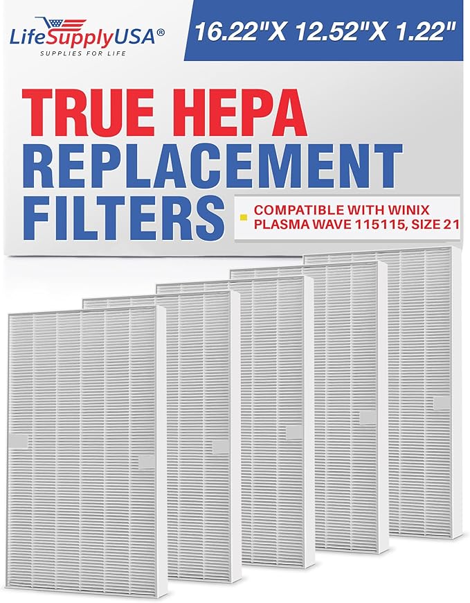 115115 5 HEPA Filter A Replacement for C535, 5300, 5300-2, 5500, 5500-2, 6300, 6300-2, P300, AM90, C909, 9800 Compatible with Winix Air Purifier Filter Replacement Plasmawave Size 21 by LifeSupplyUSA