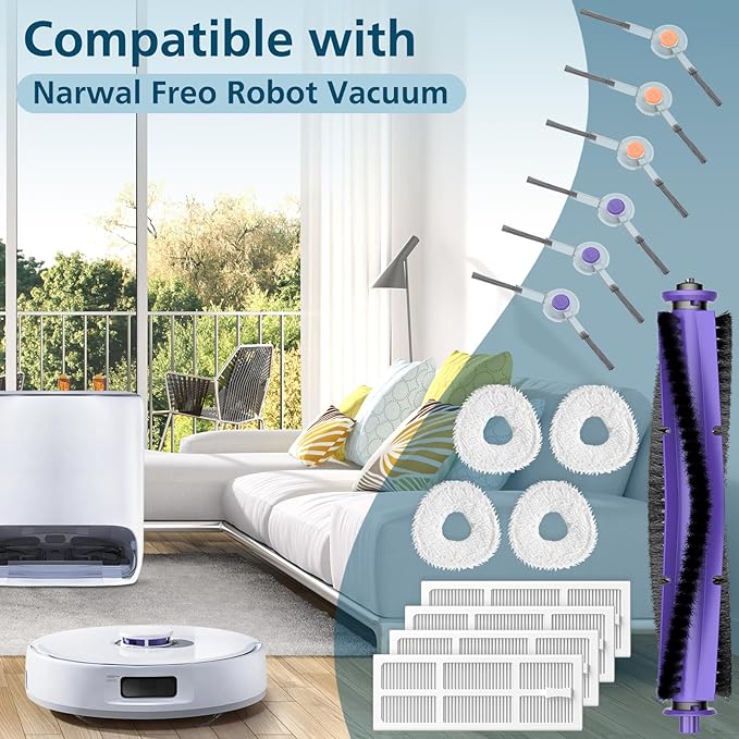 Replacement Parts Accessories Compatible with Narwal Freo Robot Vacuum 1 Roller Brush,4 HEPA Filters, 4 Mop Pads, 6 Side Brushes, 15 Pack