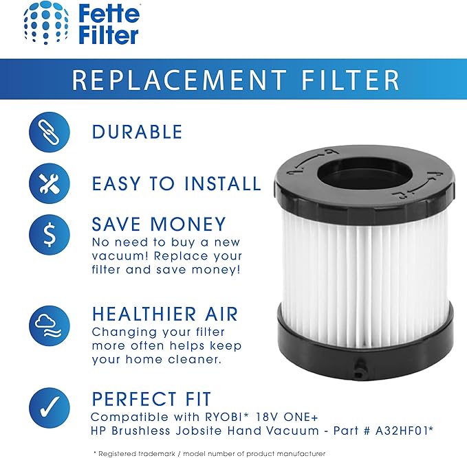 A32HF01 Premium HEPA Replacement Filter Compatible With RYOBI 18V ONE+ HP Brushless Jobsite Hand Vacuum Models PBLHV701 PBLHV701K PBLHV701B Part # A32HF01 Pack of 4