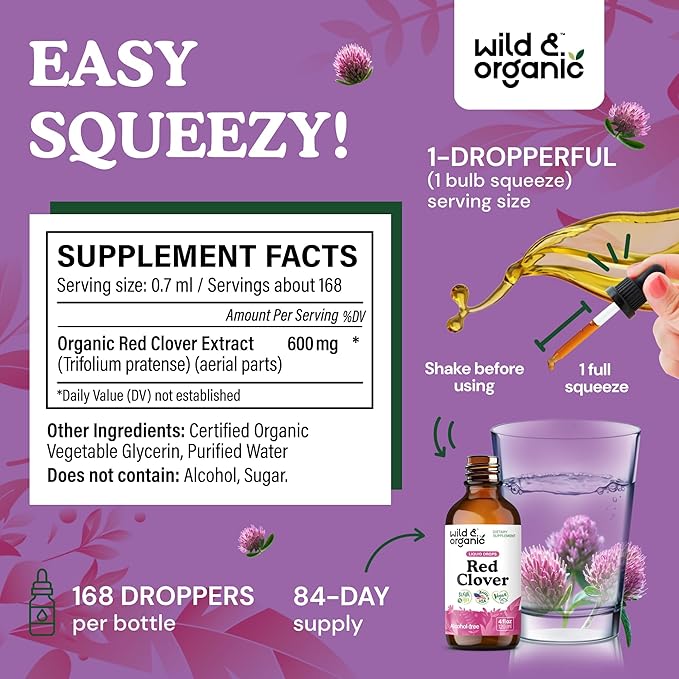 Wild & Organic Red Clover Tincture 600 mg - Liquid Red Clover Supplements for Women - 2-Month Supply - Trifolium Pratense Herb - Vegan, Sugar & Alcohol-Free Extract Drops - 4 fl oz