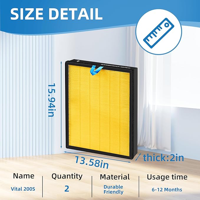 Vital 200S Pet Allergy Replacement Filter for LEVOIT 200S and Vital 200S-P Air Purifier, 3-in-1 True HEPA, High Efficiency Activated Carbon Filter,Replaces Vital 200S-RF-PA, 2 Packs, Yellow