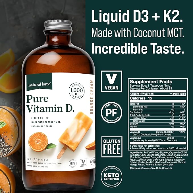 Natural Force Pure Vitamin D – Liquid D3 & K2 with Coconut MCT –1,000 IU, Immunity & Nutrient Absorption Booster- Vegan - Orange Cream, 16 fl oz