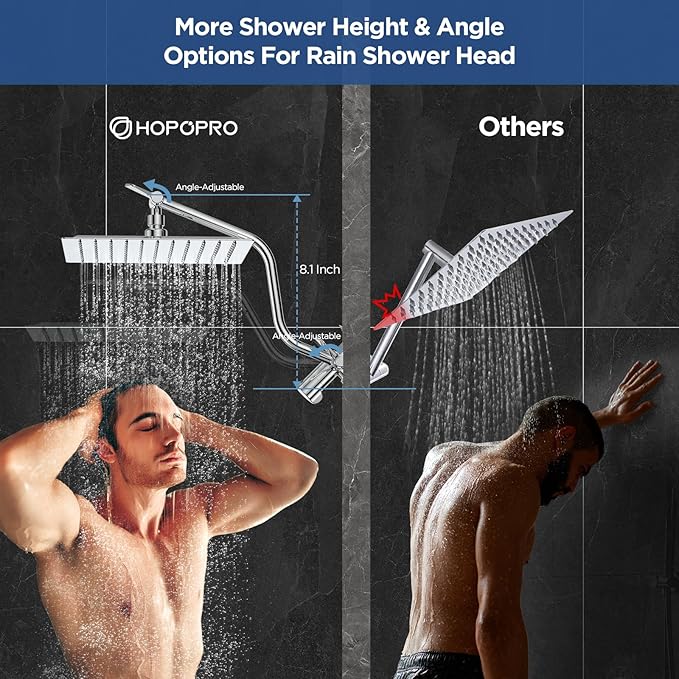 HOPOPRO 10” All Metal Rainfall Shower Head Combo with Handheld Spray, High Pressure Showerhead Combination, Adjustable Dual Showerheads with Extension Arm, Full-Body Coverage Shower Experience, Silver