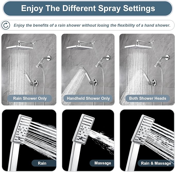 BRIGHT SHOWERS High Pressure Rain Shower Head Combo with Double Extension Arm, 8 Inch Rainfall Shower Head with Handheld Spray, Height Adjustable Dual Square Showerhead Set, Chrome