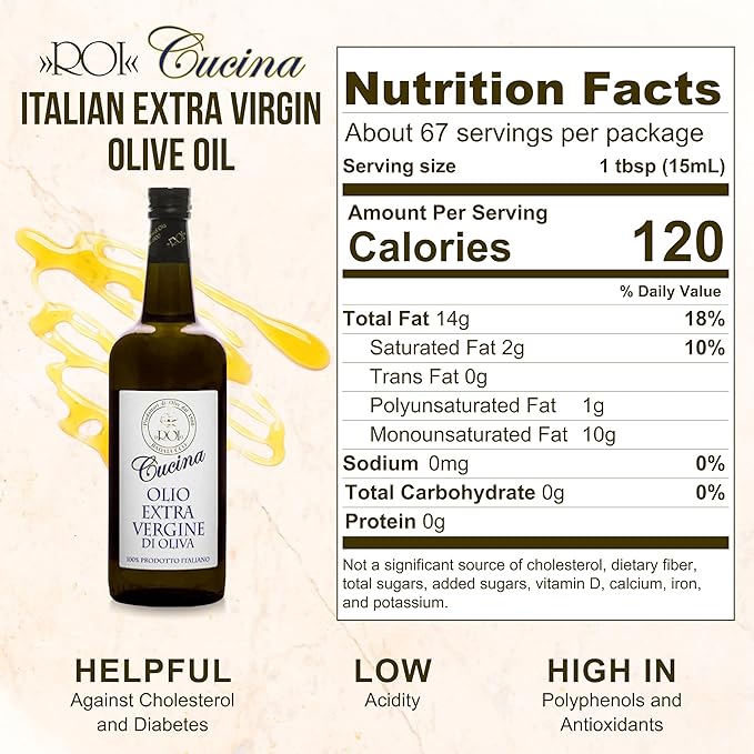 Roi Extra Virgin Olive Oil from Italy - Cucina Ligurian Olive Oil from Italy, First Cold Pressed, Pure, Polyphenol Rich EVOO, 34 fl oz (1 liter)