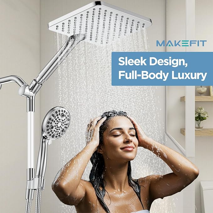 Dual Handheld Shower Head Combo, 2-in-1 Rain Shower Heads System Wide Rainfall Shower Head and 10 Modes High Pressure Hand Held Showerhead with Built-in Power Wash - Chrome
