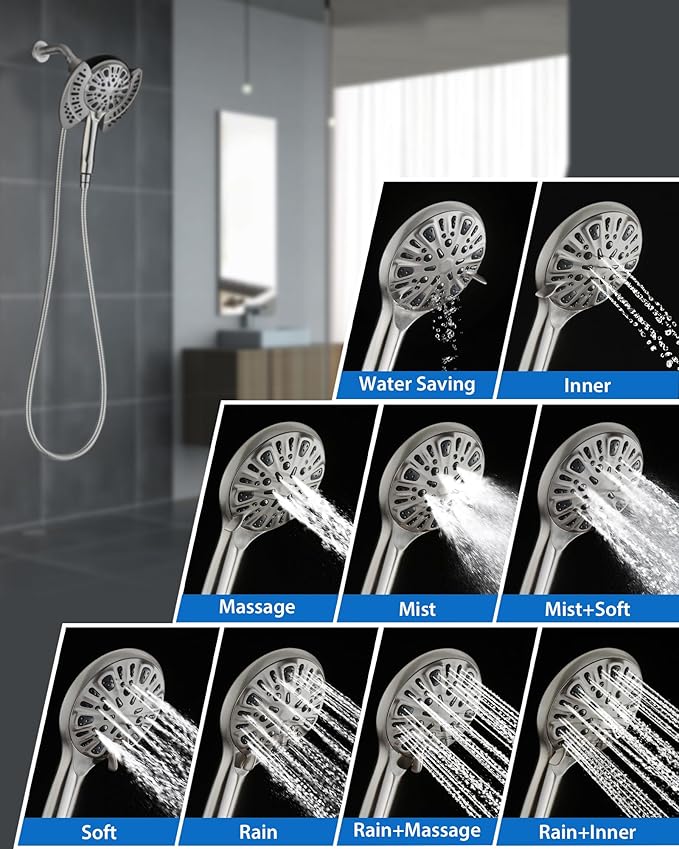 2-in-1 Shower Head with Handheld Combo: 2.5GPM Rainfall Shower Head & Detachable Shower Head Use Together or Alone, 9 Spray Settings Hand Held Showerhead with Hose, Nickel