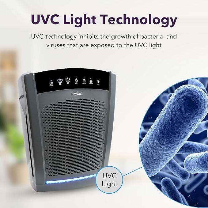 Hunter HP850 Air Purifiers for Home Large Room and Bedroom. True HEPA Air Purifier for Pets, Odors, Allergens, Smoke, Dust. 4 Fan Speeds, Quiet Sleep Mode, UV Mode. Filters 2585 Ft² per hour. Graphite