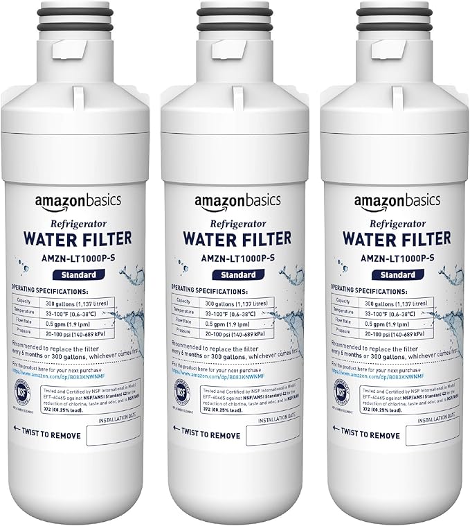 Amazon Basics Replacement LG LT1000P Refrigerator Water Filter, 3-Pack, Standard Filtration