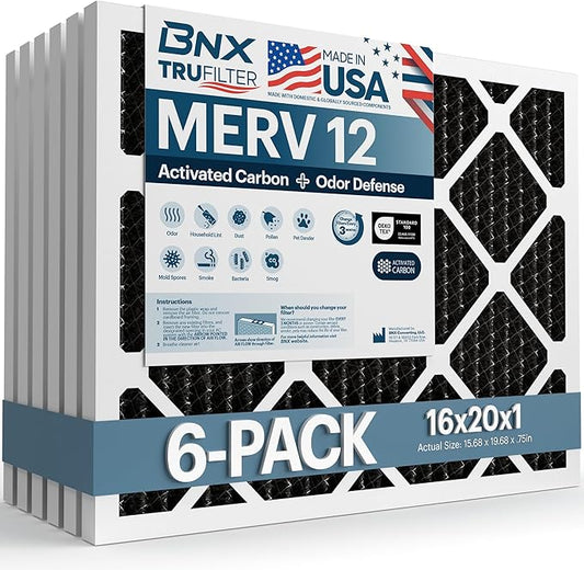 BNX TruFilter 16x20x1 MERV 12 Odor Defense (6-Pack) AC Furnace Air Filter with Activated Carbon - MADE IN USA - Pleated Air Conditioner HVAC AC Furnace Filters - Removes Odor, Mold, Bacteria, Smoke