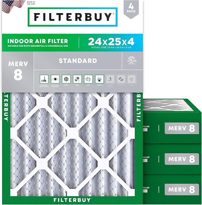 Filterbuy 24x25x4 Air Filter MERV 8 (MPR 700) Dust Defense Replacement (4-Pack), Electrostatic Pleated HVAC AC Furnace Filters, Made in USA (Actual Size: 23.75 x 24.75 x 3.63)