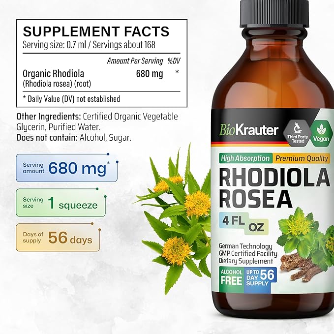 BIO KRAUTER Rhodiola Supplement Liquid - Pure Rhodiola Rosea Tincture for Calmness Support - Alcohol & Sugar Free Extract - 4 Fl.Oz.
