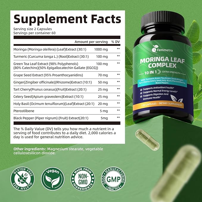 Moringa Turmeric Capsules, Femmetra 10-in-1 Moringa Leaf Complex, Energy, Skin, Immune & Gut Health Superfood, Rich in Antioxidants, Vitamins & Amino Acids with EGCG Grape Ginger Basil Extract, 60 Day