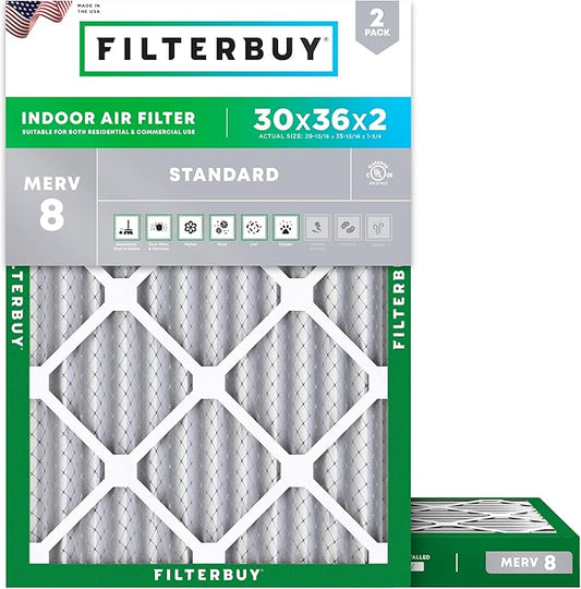 Filterbuy 30x36x2 Air Filter MERV 8 (MPR 700) Dust Defense Replacement (2-Pack), Electrostatic Pleated HVAC AC Furnace Filters, Made in USA (Actual Size: 29.81 x 35.81 x 1.75)