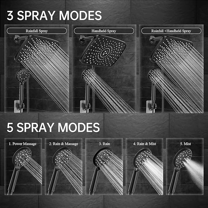 Veken 11.8 Inch Rain Shower Head with Handheld- High Pressure Dual Shower Heads with 5 Modes Handheld Spray Combo- Wide Rainfall Showerhead with Hose, Bathroom Accessories, Matte Black