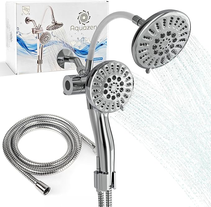 AQUAZEN® Dual Shower Head Combo | Adjustable Rainfall + Handheld Shower | 6 Spray Modes Each | Flexible Mount & Swivel Heads | 5ft Stainless Steel Hose | Premium Chrome Finish | Fits All US Showers