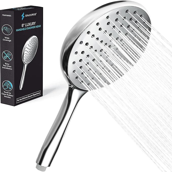 SparkPod High Pressure Handheld Shower Head - Huge 6-Inch Face - Luxury Rain Shower Design - Tool-Free 1-Min Installation - Handheld Only, No Bracket or Hose (Luxury Polished Chrome)