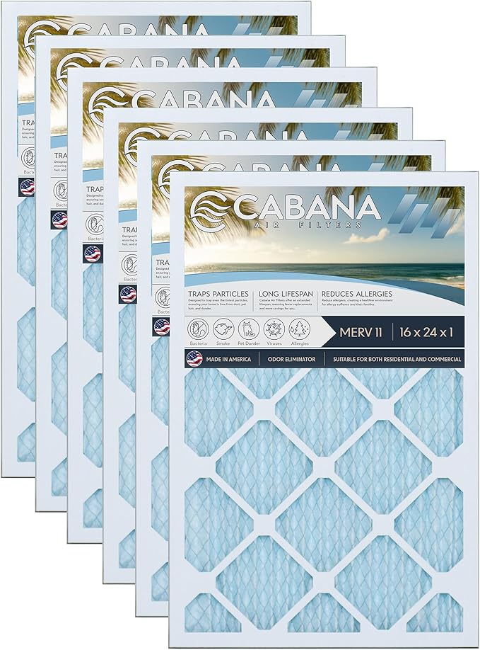 Cabana Filters 16x24x1 AC Furnace Air Filter, Merv 11 Capture Unwanted Particles, Pleated Furnace Filter HVAC AC Filters - Made in the USA - 6 Pack