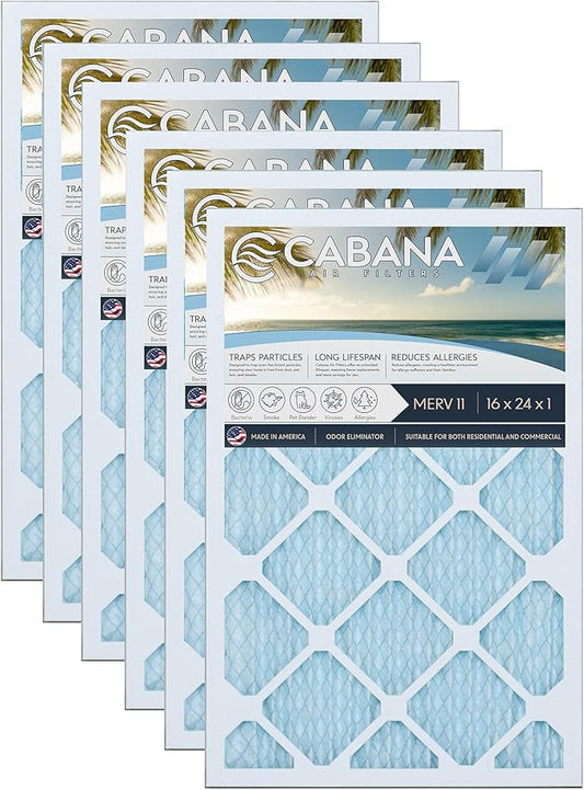Cabana Filters 16x24x1 AC Furnace Air Filter, Merv 11 Capture Unwanted Particles, Pleated Furnace Filter HVAC AC Filters - Made in the USA - 6 Pack