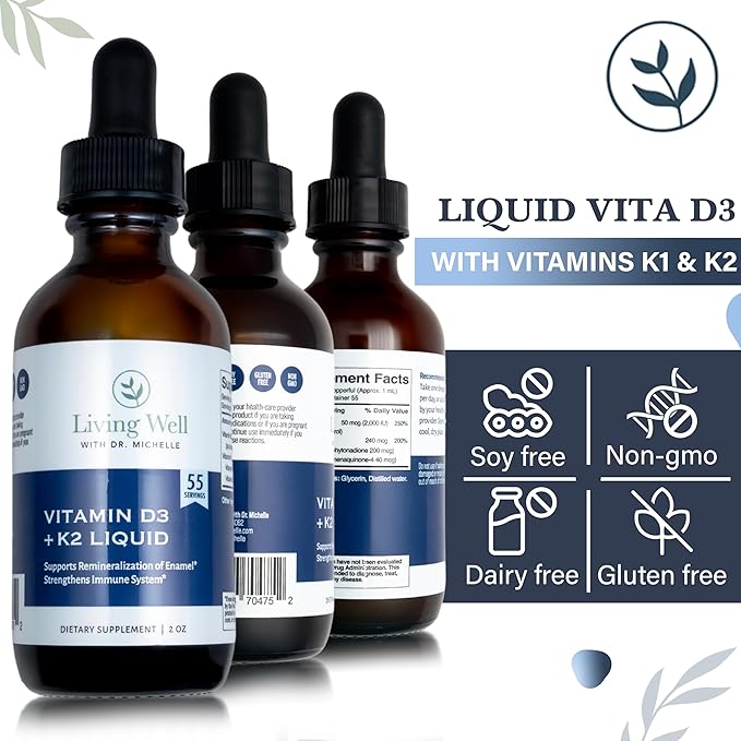 Liquid Vitamin D3 2000 IU with K2 + K1 – Immune & Bone Support Supplement – Dentist-Developed for Strong Teeth, Bones & Calcium Absorption – Non-GMO, Gluten-Free, Soy-Free – Pleasant Tasting – 2 oz