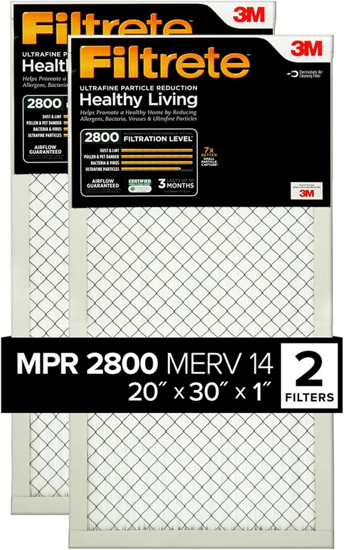 Filtrete 20x30x1 Air Filter, MPR 2800, MERV 14, Healthy Living Ultrafine Particle Reduction 3-Month Pleated 1-Inch Air Filters, 2 Filters