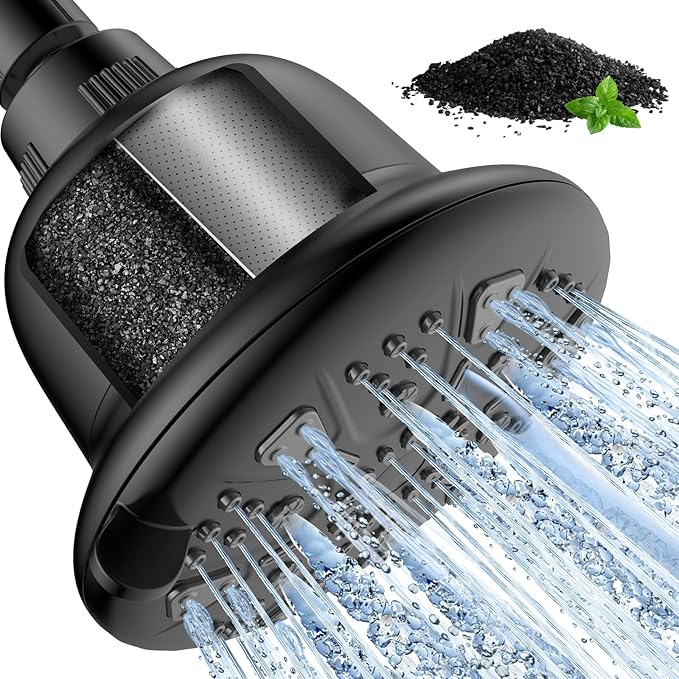 Filtered Shower Head with Upgraded Activated Carbon Filter - High Pressure Shower Head with Hard Water Softener - 7 Settings Bathroom Rain Showerhead to Remove Chlorine and Heavy Metals
