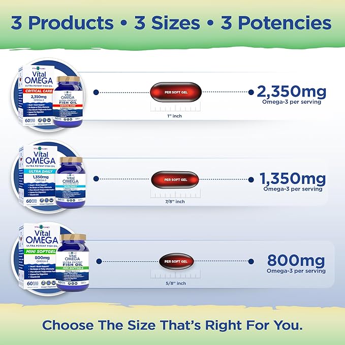 Vital Planet - Vital Omega 3 Fish Oil Mini Softgels Supplement with 800mg of High Potency Wild Caught Omega 3 Fatty Acid Supplements EPA DHA and DPA for Heart Health 60 Softgels (Packaging May Vary)