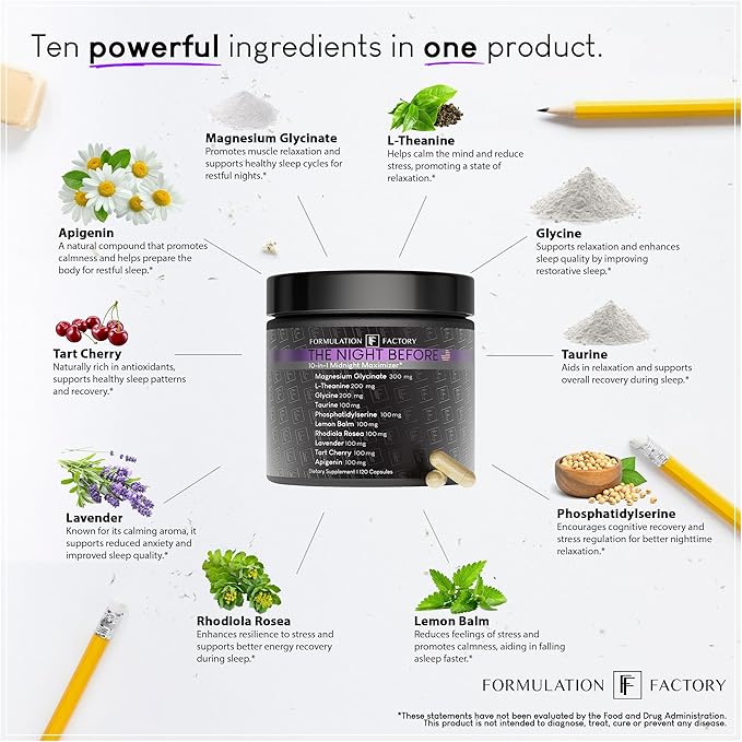 The Night Before 10-in-1 Midnight Maximizer Sleep Supplement, Magnesium Glycinate, L-Theanine & More, Stress Relief, Relaxation, Focus (6 Month Supply, 360 Capsules)