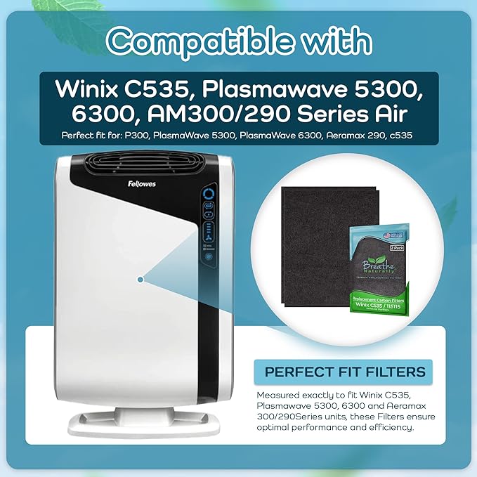 Breathe Naturally Replacement Filters Compatible with Winix C535, Plasmawave 5300, 6300 & Aeramax 300/290 Air Purifiers - Carbon Activated Filter - 12.5” x 16.25” x 0.2” (Pack of 2 Carbon Prefilters)