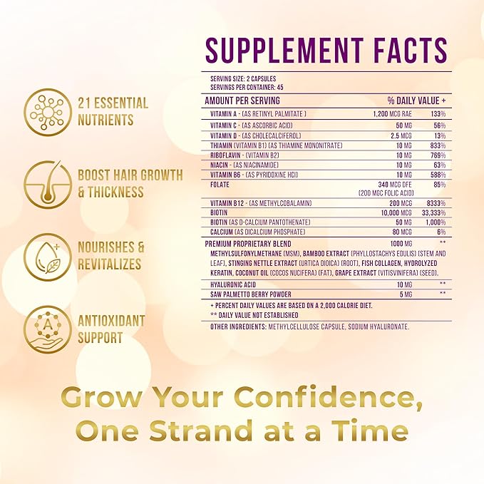 Vitamo Hair Growth Vitamins for Women | Hyaluronic Acid & 50,000 mcg B-Complex (B1, B2, B3, B6, B7) | Biotin and Collagen | Keratin – Advanced Supplement for Hair, Skin & Nails | 90 Capsules