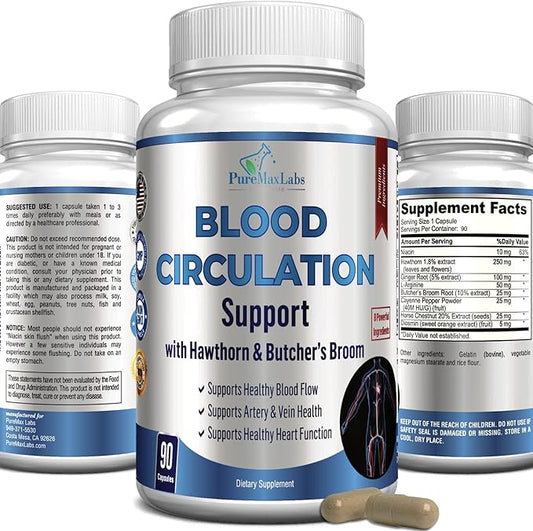 Blood Circulation Supplement - with Hawthorn, Butchers Broom, Horse Chestnut, Arginine, Diosmin, Varicose Veins Treatment, Circulation Support - 90 Capsules