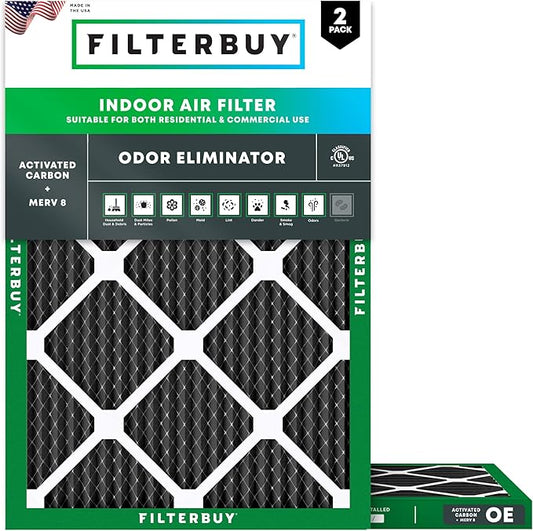 Filterbuy 24x25x1 Air Filter MERV 8 (MPR 700) Odor Eliminator Replacement (2-Pack), Electrostatic Pleated HVAC AC Furnace Filters w/Activated Carbon, Made in USA (Actual Size: 23.88 x 24.88 x 0.75)