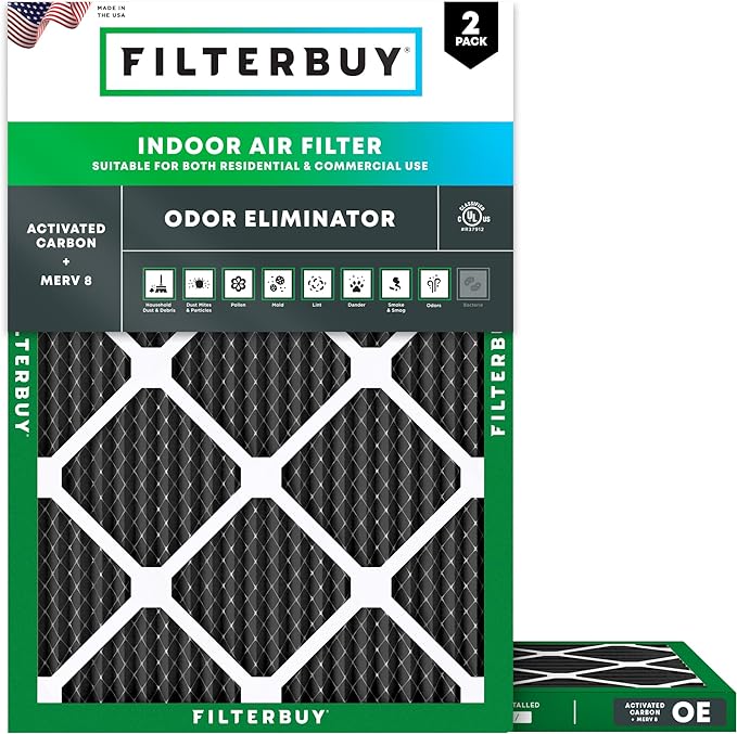 Filterbuy 22x24x1 Air Filter MERV 8 (MPR 700) Odor Eliminator Replacement (2-Pack), Electrostatic Pleated HVAC AC Furnace Filters w/Activated Carbon, Made in USA (Actual Size: 21.50 x 23.50 x 0.75)