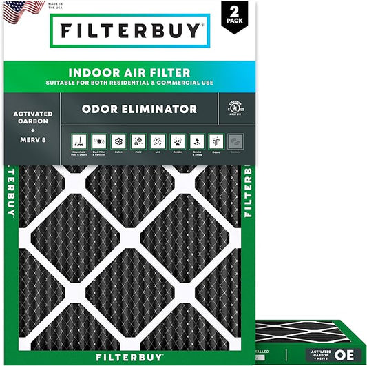 Filterbuy 22x24x1 Air Filter MERV 8 (MPR 700) Odor Eliminator Replacement (2-Pack), Electrostatic Pleated HVAC AC Furnace Filters w/Activated Carbon, Made in USA (Actual Size: 21.50 x 23.50 x 0.75)