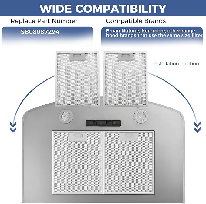 2 Pack SB08087294 Range Hood Filters, 11.75” x 9.40” Aluminum Mesh Grease Filters Replacement for Broan Nutone Ken-more Range Hood Vent