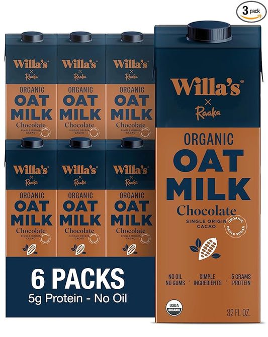 Willa's Organic Oat Milk - Chocolate Unsweetened Cacao Oatmilk, Non-GMO, Shelf Stable, Low Sugar, Non-Dairy Milk, Made from Whole Grain Oats, No Oil, No Gums, 32 Oz - Pack of 6