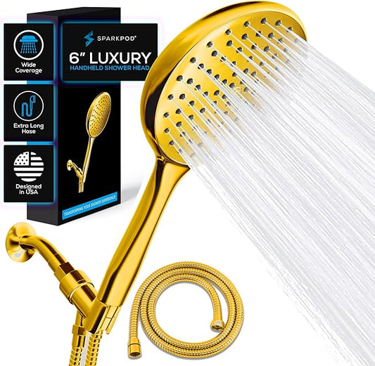 SparkPod High Pressure Handheld Shower Head with Hose - Huge 6-Inch Rainfall Shower Head, Extra Long 6ft. Hose & Adjustable Bracket- Luxury Showerheads- 1-Min Installation (Egyptian Gold)