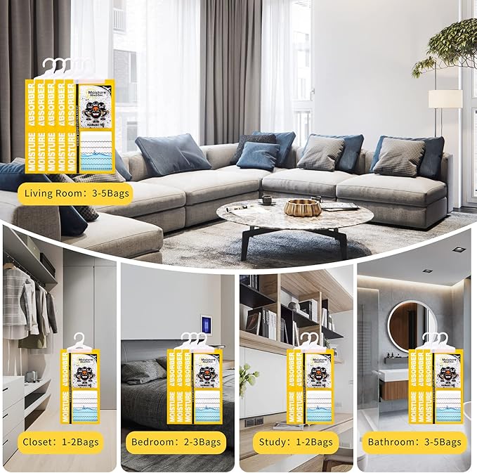 ZSZMFH 15 Pack Moisture Absorber & Max Odor Eliminator Hanging Bag, Charcoal Smell Remove Damp Musty Smell,Hanging Closet Dehumidifier Bags with 25g of Activated Charcoal (220g/pack) Yellow