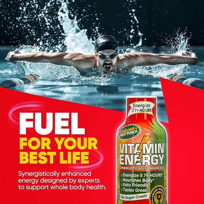 Vitamin Energy Immune+ Extra Strength Energy Shot Fruit Punch 12 Pack, 260mg Natural Caffeine, B-Vitamins, Citicoline, Green Tea, Immunity & Focus Support, Zero Sugar, Gluten-Free 1.93 fl oz