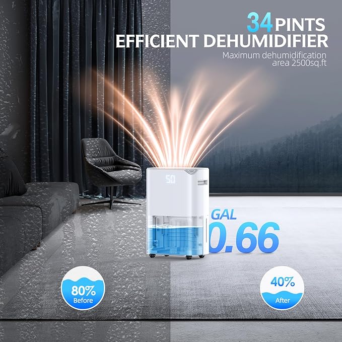 2500 Sq.Ft Dehumidifier for Basement, 34 Pints Energy Star Certified Dehumidifier for Home with Drain Hose, Bedroom, Bathroom, Smart App Control, 3 Operation Modes